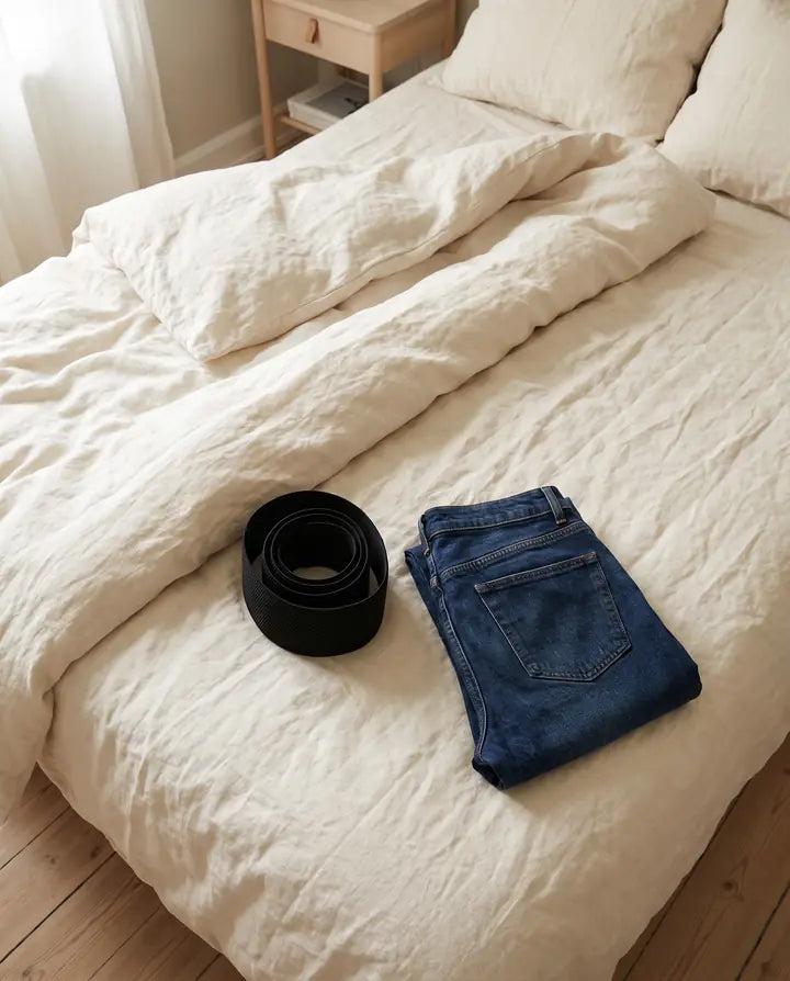 Et sammenrullet svart elastisk belte og et par sammenbrettede jeans på en seng med lin. Ingen personer.