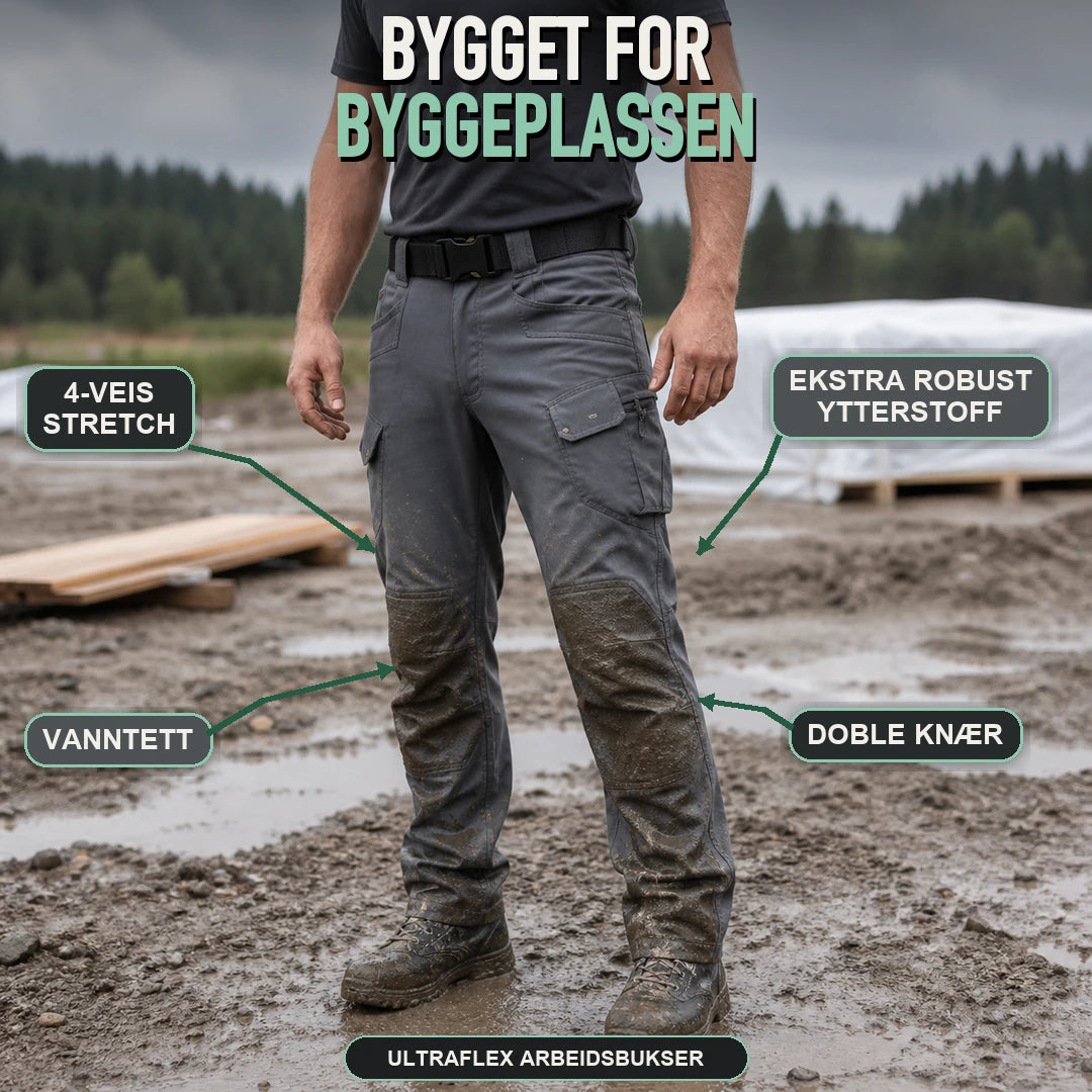 Bygget for byggeplassen: 4-veis stretch, ekstra robust ytterstoff, doble knær
