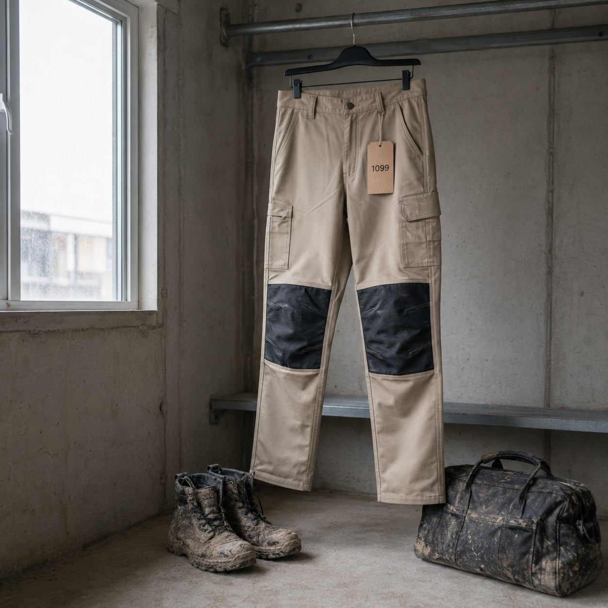 An unworn brand-name work trouser hanging with the price tag still on