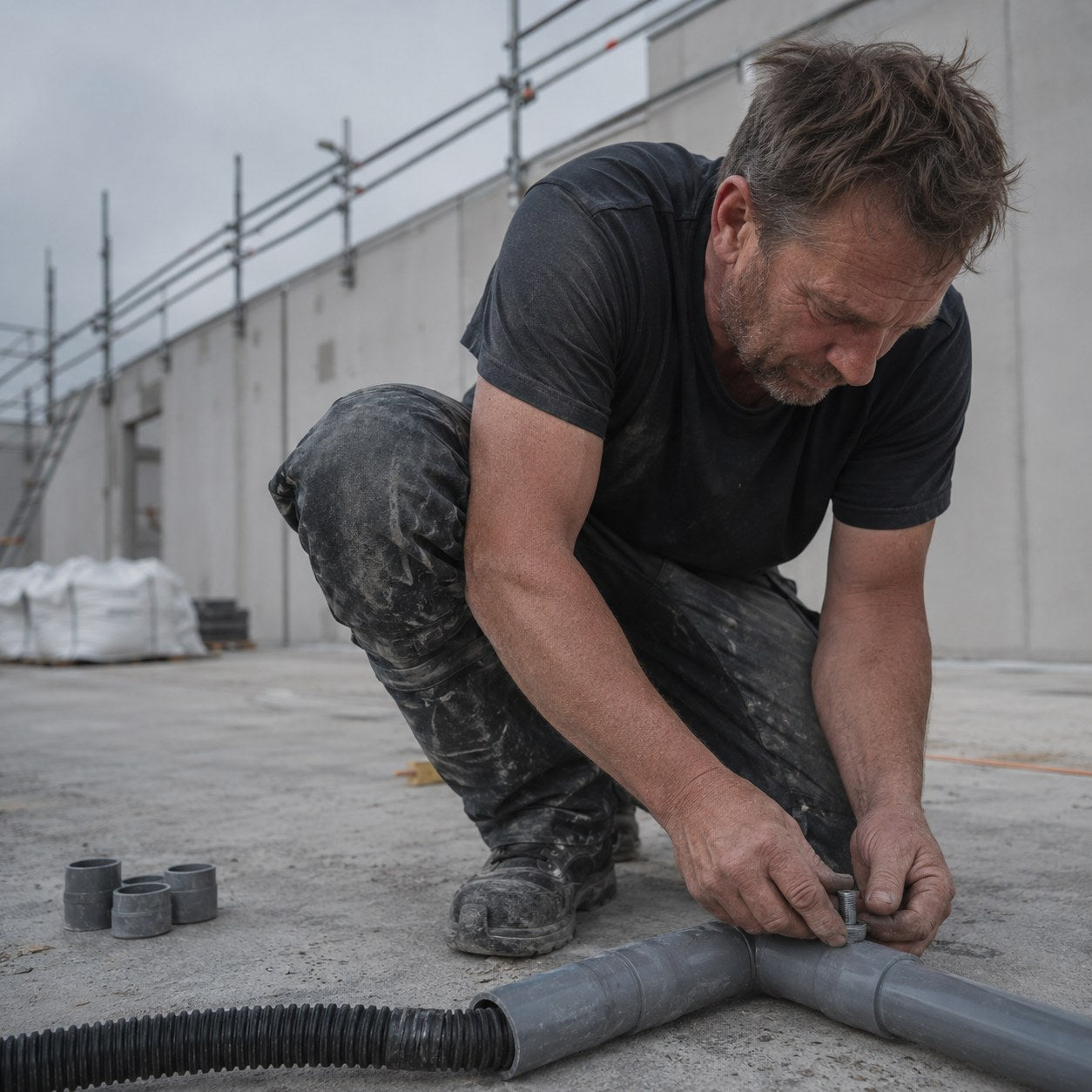 Tradesman crouched at work, trousers muddy and moving with him