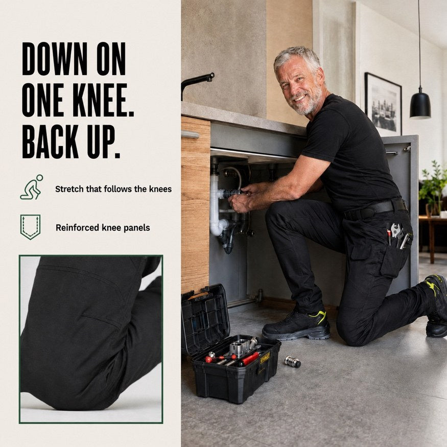 Down on one knee and back up, reinforced knee panels